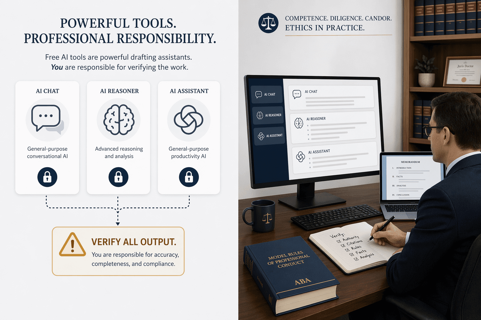 Split-view editorial illustration with three minimal AI tool icon cards on the left, each with a small lock icon and a 'Verify All Output' warning badge, and a lawyer working at a desk with a law library and ethics rulebook on the right, connected by a dotted verification line.