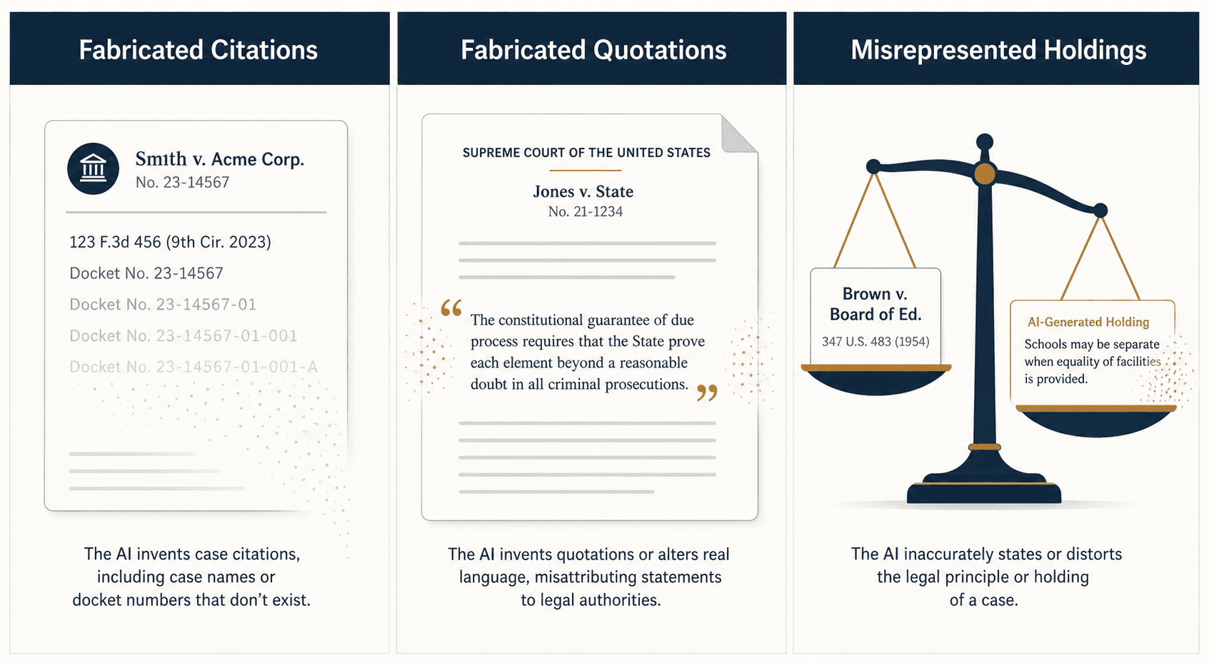 Three horizontal columns showing the three categories of legal AI hallucinations: 'Fabricated Citations' with phantom docket numbers fading to transparency, 'Fabricated Quotations' with quotation marks around dissolving text, and 'Misrepresented Holdings' with a scales icon next to distorted holding text.