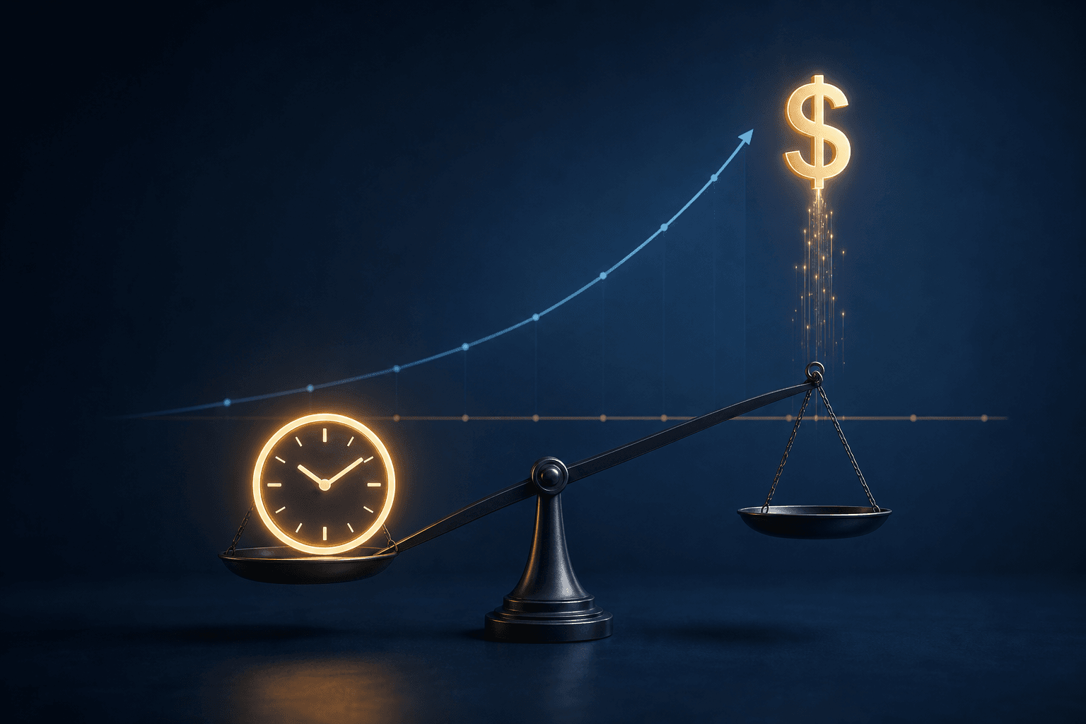 A balanced scale with a glowing clock icon weighing down one side and a disconnected dollar sign floating above the other side, set against a navy blue gradient background with diverging efficiency and revenue graph lines.