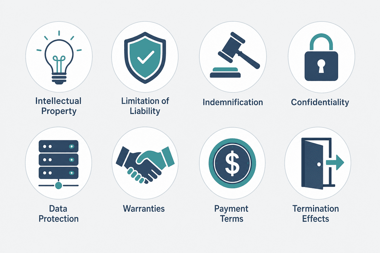 Eight legal clause icons arranged in a two-row grid representing the 'Great 8' clauses for AI contract review playbooks.