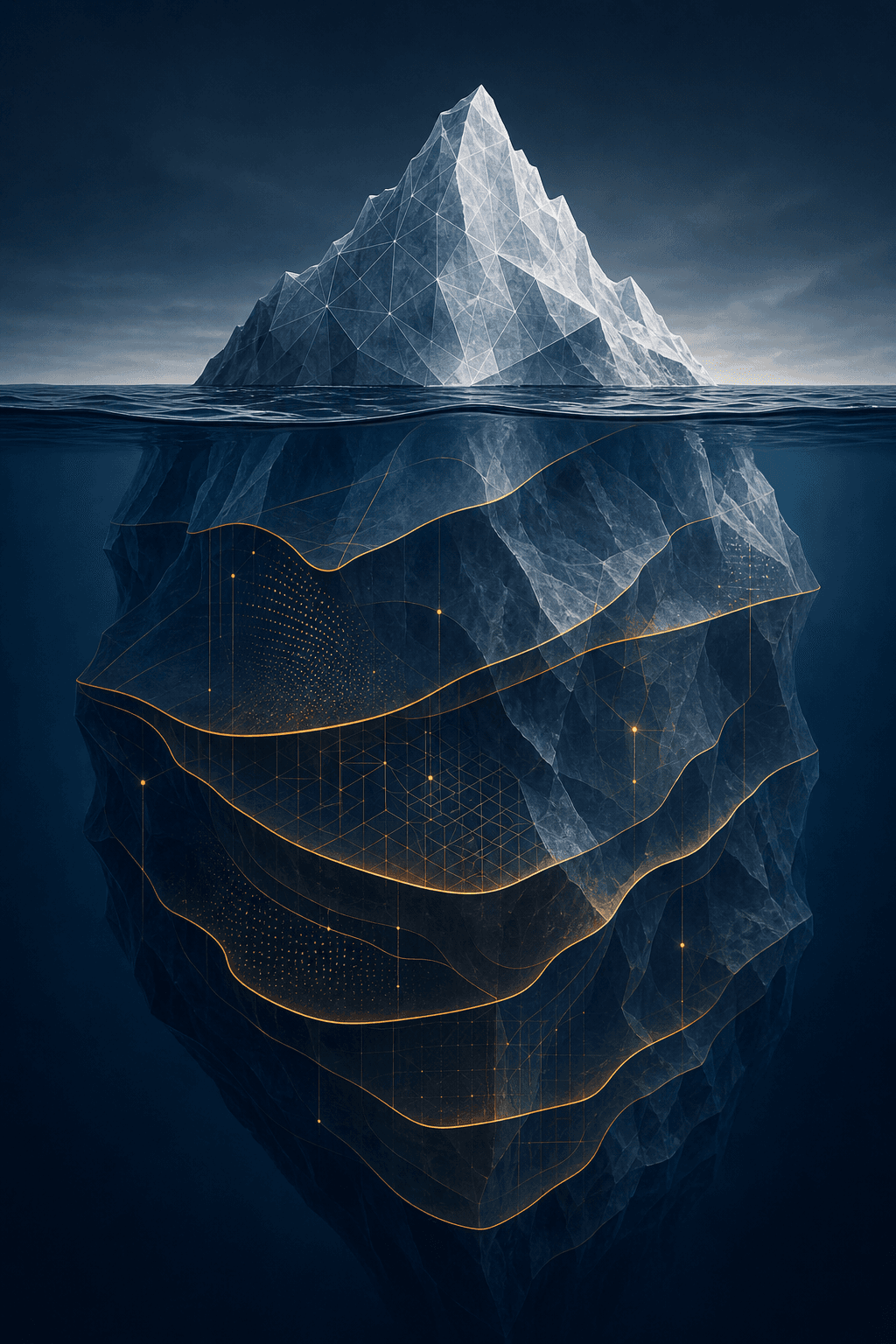 A partially transparent iceberg illustration with a small visible tip above water and a much larger layered mass below the waterline in slate gray, deep blue, and amber accent colors, representing hidden costs beneath the surface.