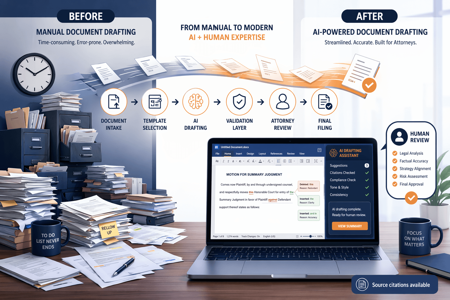 Split-view vector illustration comparing a manual document drafting desk on the left with an AI-assisted workflow desk on the right, connected by a central bridge showing six labeled workflow stages.
