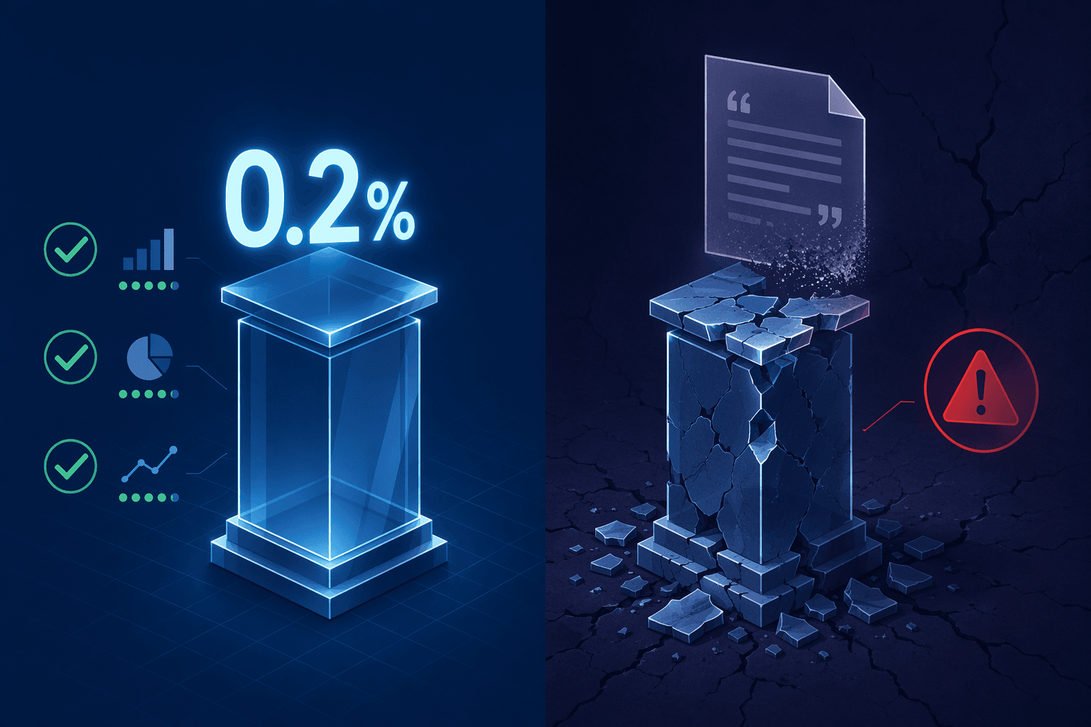 Editorial illustration split into two contrasting halves. Left side shows a polished glass pedestal with a glowing green '0.2%' floating above it, surrounded by checkmarks and benchmark indicators on a clean navy background. Right side shows the pedestal cracking and fragmenting with a red warning indicator and a ghostly false document floating above it against a darker fractured background.