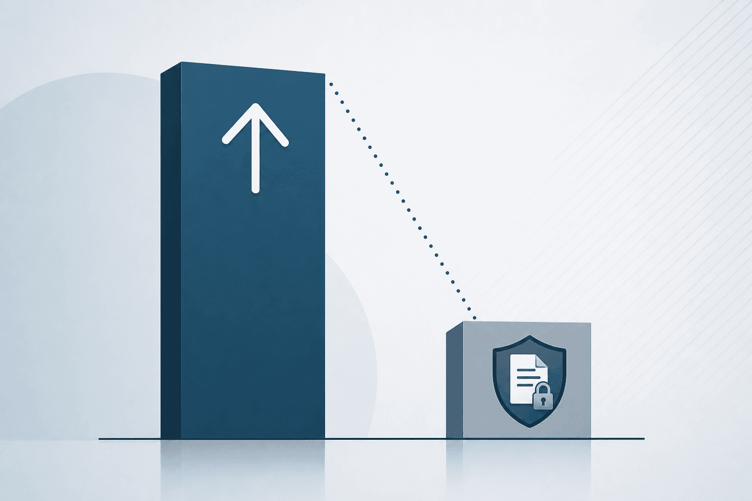 An infographic-style editorial illustration showing two contrasting bars: a tall bar with an upward arrow icon representing high adoption rates, and a short bar with a shield and lock icon representing low governance readiness. A dotted diagonal gap line spans between them, visually communicating the imbalance between AI adoption and policy enforcement in legal organizations.