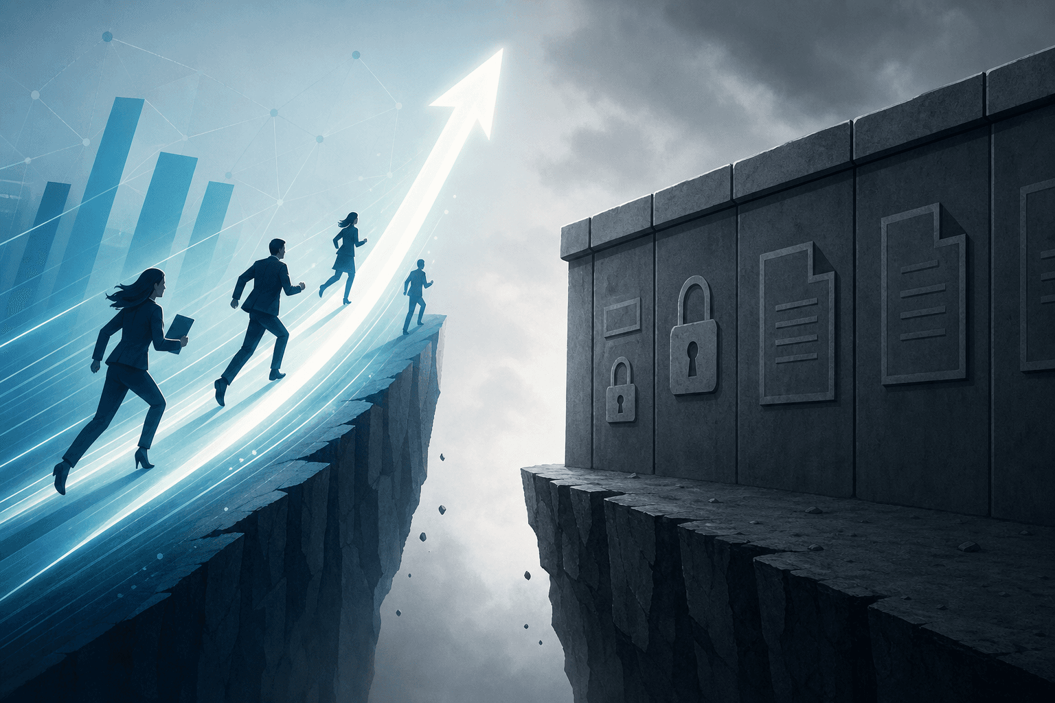 An editorial illustration split into two contrasting halves: the left side shows a glowing arrow surging upward with silhouettes of professionals moving rapidly forward, while the right side shows a heavy wall-like barrier with subtle padlock and document shapes. A visible gap runs between the two halves, conveying the tension between rapid individual AI adoption and lagging organizational governance.