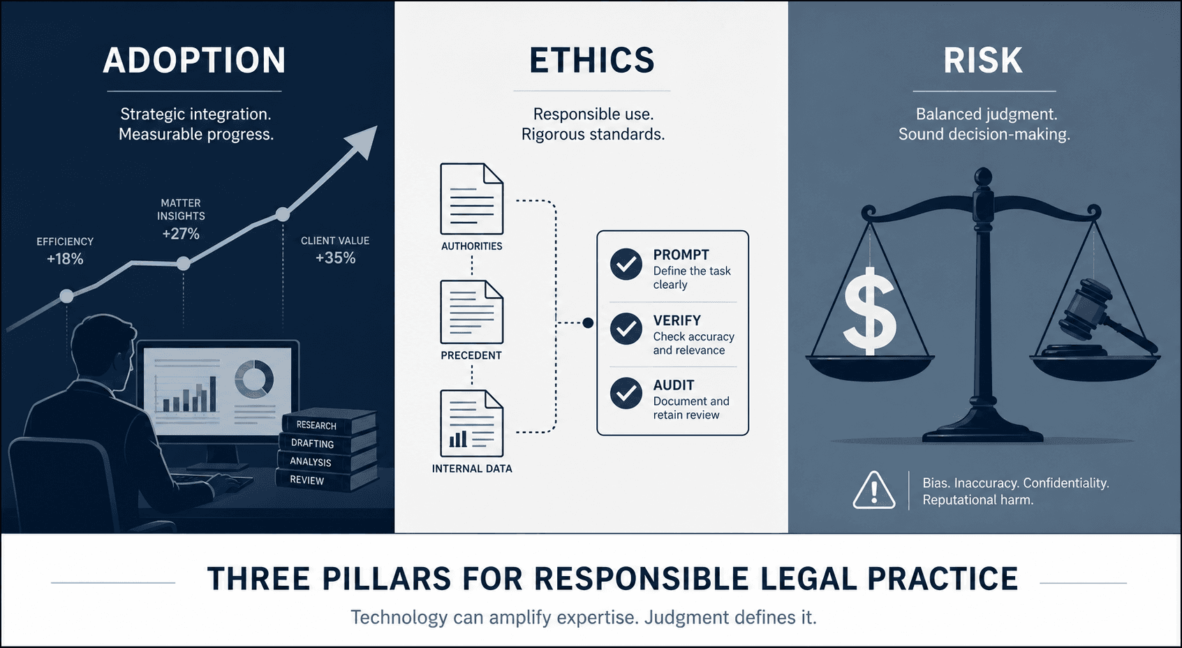 Three-panel editorial infographic showing AI adoption trends, ethics framework, and risk metrics in legal practice.