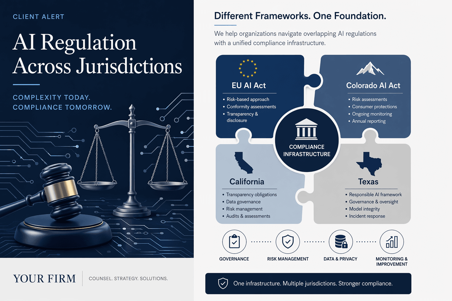 Split-screen illustration: left side shows a judicial gavel and scales of justice overlaid with circuit-board traces; right side shows interlocking regulatory framework puzzle pieces converging on a central Compliance Infrastructure node.