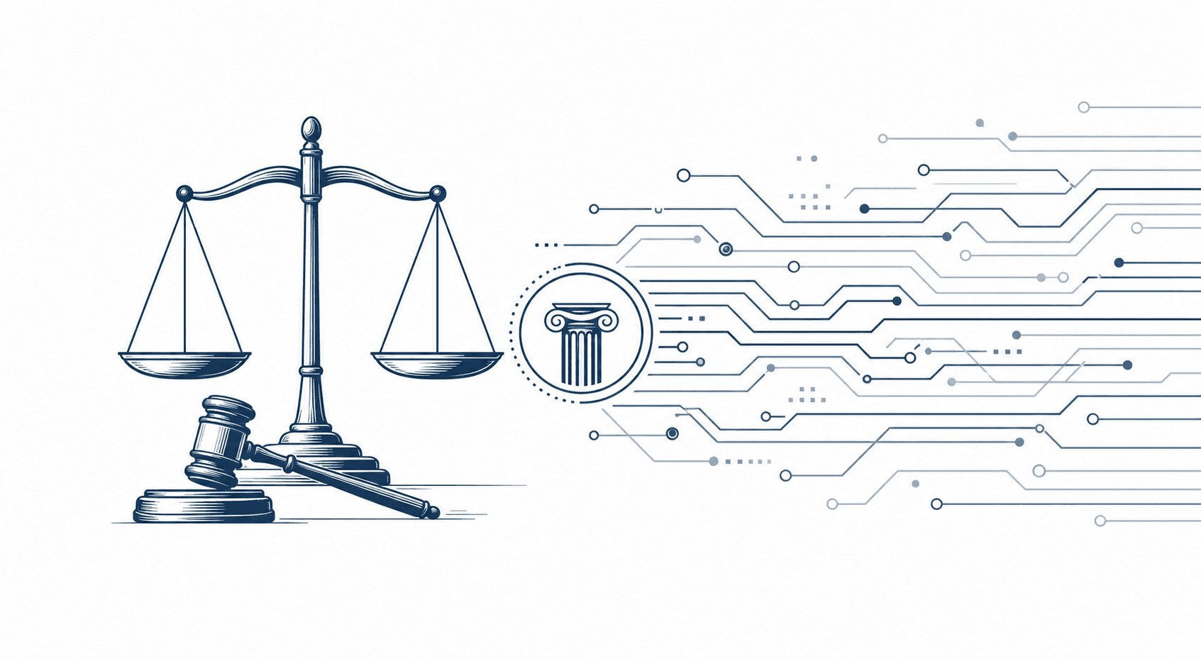 Flat vector illustration of a justice scale merging with a circuit-board pattern, representing AI integration into the legal profession.
