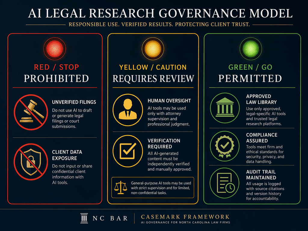 A traffic-light governance model infographic with three vertical columns: Red (Prohibited) showing a gavel crossed out and a crossed-out confidentiality shield; Yellow (Requires Review) showing a human oversight badge and a verification checkmark; Green (Permitted) showing approved law library symbols, a compliance seal, and an audit trail log. A small accreditation line reads 'NC Bar / Casemark Framework'.