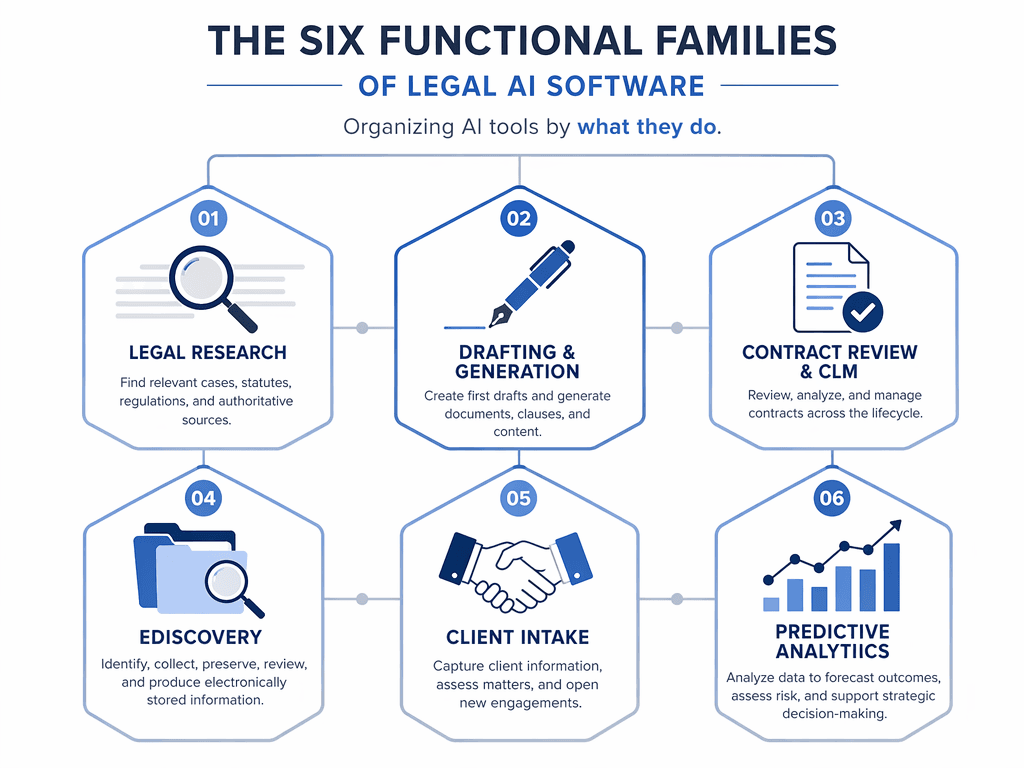 A flat vector taxonomy diagram showing the six functional families of legal AI software arranged as hexagonal nodes with simple icons: Legal Research, Drafting and Generation, Contract Review and CLM, eDiscovery, Client Intake, and Predictive Analytics, using restrained blue and gray tones.