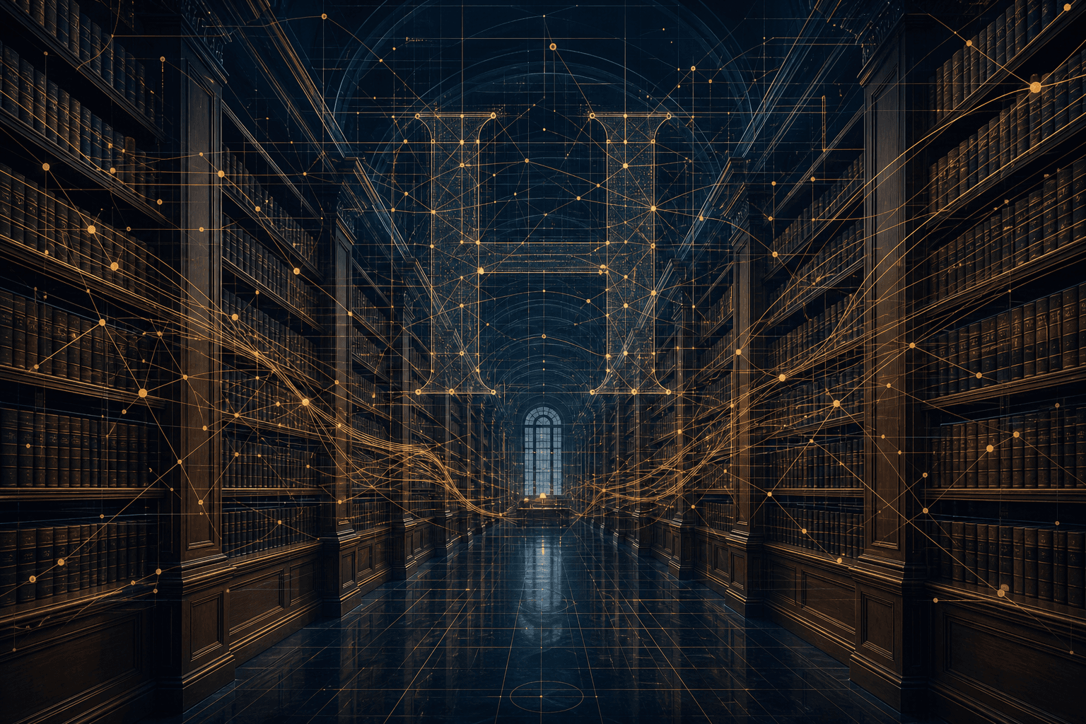 A law library receding into the distance with tall mahogany bookshelves on both sides, overlaid with luminous amber and gold data-flow lines and geometric nodes. A faint 'H' shape is embedded in the digital network pattern.