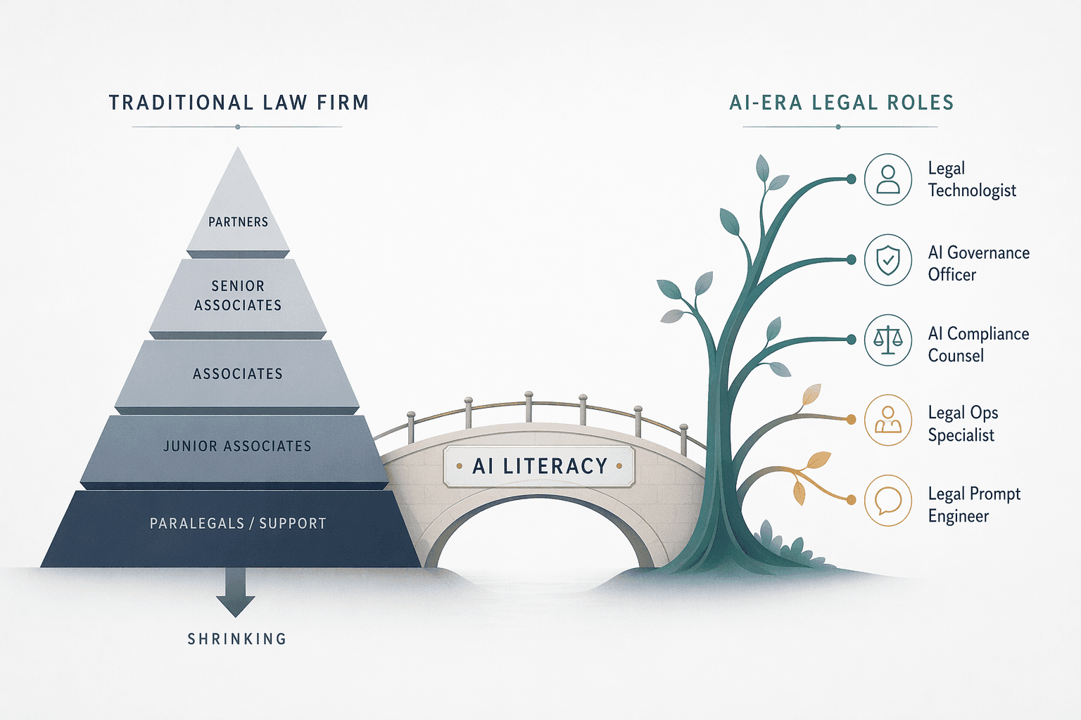 A bifurcated career landscape illustration showing a shrinking traditional law firm pyramid on the left and a branching tree of new AI-era roles on the right, connected by a bridge labeled 'AI Literacy'.