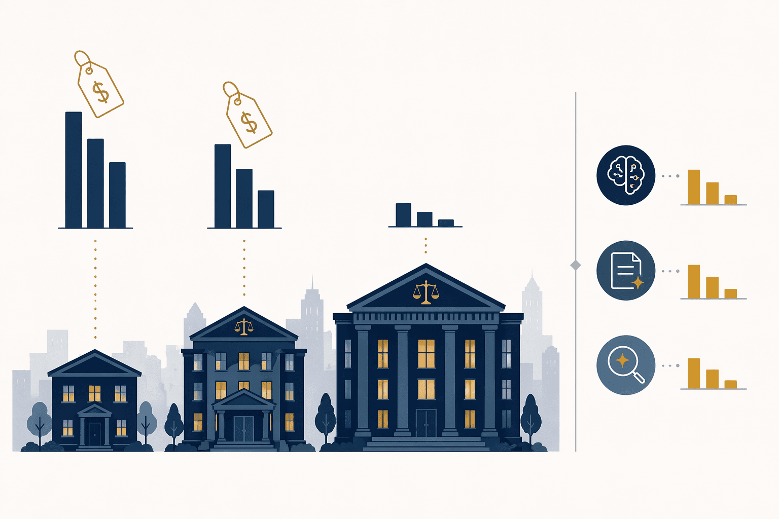 An editorial data visualization showing three stylized law firm silhouettes (small, medium, large) arranged left to right with abstract bars above each showing dramatically different per-seat pricing — tall bars for smaller firms, short bars for large firms.
