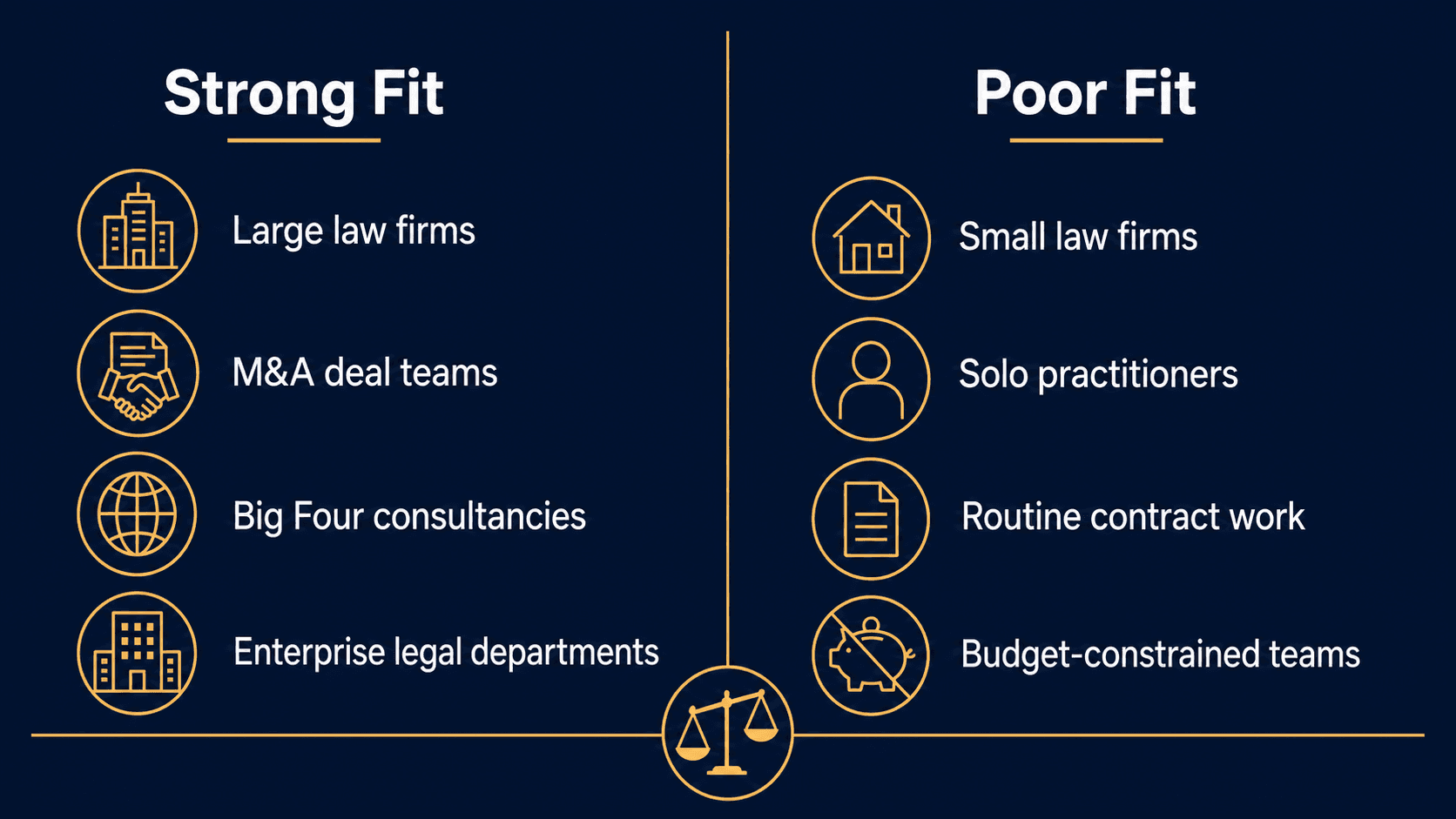 A two-column decision framework infographic on a navy background. The left column titled 'Strong Fit' displays icons for large law firms, M&A deal teams, global consultancies, and enterprise legal departments. The right column titled 'Poor Fit' displays icons for small firms, solo practitioners, routine contract work, and budget-constrained teams. A scale icon on the divider line shows the balance tipping.