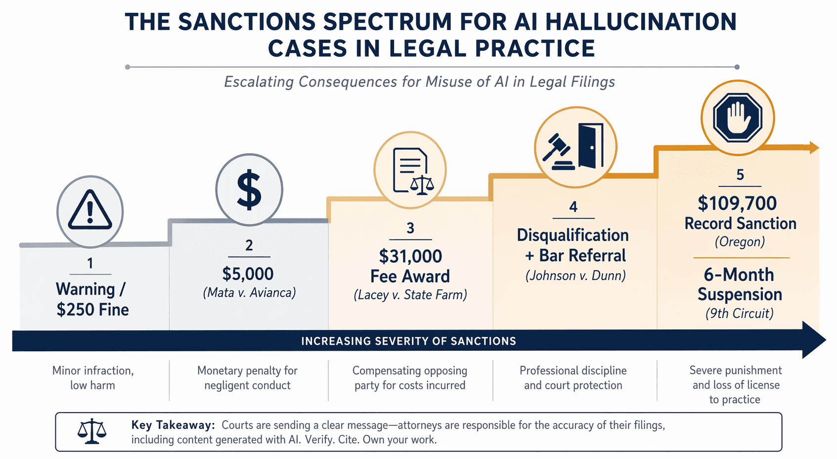 An escalating sanctions spectrum from left to right: warning icon with '$250 Fine', '$5,000 (Mata v. Avianca)' with dollar sign, '$31,000 Fee Award (Lacey v. State Farm)' with legal fee icon, 'Disqualification + Bar Referral (Johnson v. Dunn)' with gavel and closing door, '$109,700 Record Sanction (Oregon)' and '6-Month Suspension (9th Circuit)' with halt icon.