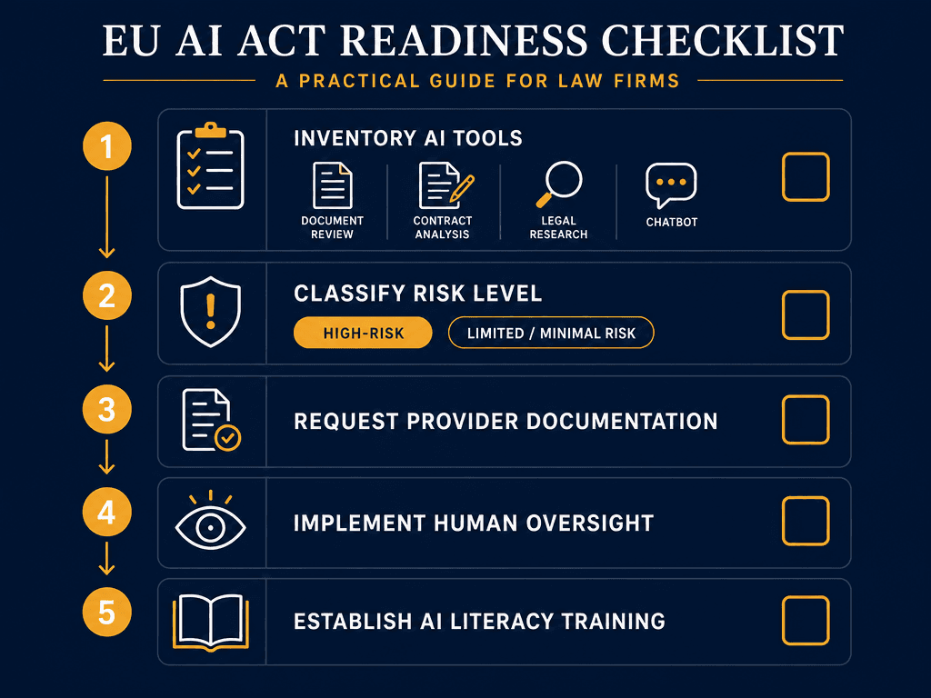 Vertical step-by-step compliance checklist infographic with five checkbox items: inventory AI tools, classify risk level, request provider documentation, implement human oversight, and establish AI literacy training.