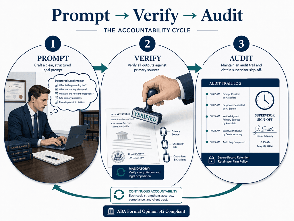 A three-step accountability cycle infographic showing Prompt (attorney typing structured legal questions), Verify (hand placing a verified stamp over a legal document with a gavel and chain-link icon), and Audit (audit trail log with timeline, signature line, and clock icon), with arrows cycling back from Audit to Prompt. A small text badge reads 'ABA Formal Opinion 512 Compliant'.
