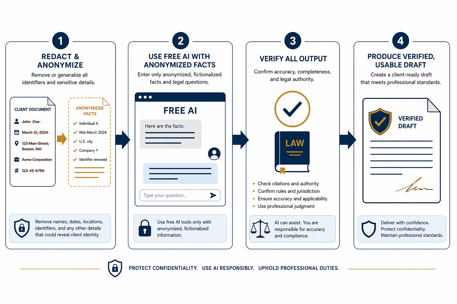 Four-stage horizontal workflow diagram showing a lawyer's safe AI use process: a document with client information enters a 'Redact & Anonymize' box, anonymized facts flow into a free AI chat interface, AI output passes through a 'Verify All Output' checkpoint with a legal book icon, and a verified draft emerges with a shield icon.