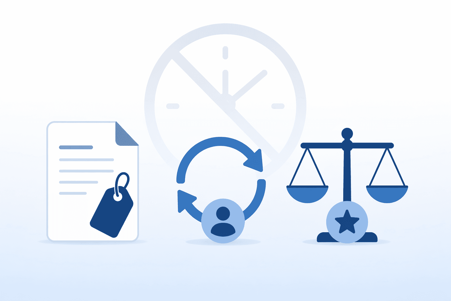 Three pricing model icons arranged horizontally: a flat document with a price tag for flat fee, a circular arrow with a badge for subscription, and a balance scale with a badge for value-based billing, with a dimmed crossed-out clock icon behind them on a white background with blue gradient.