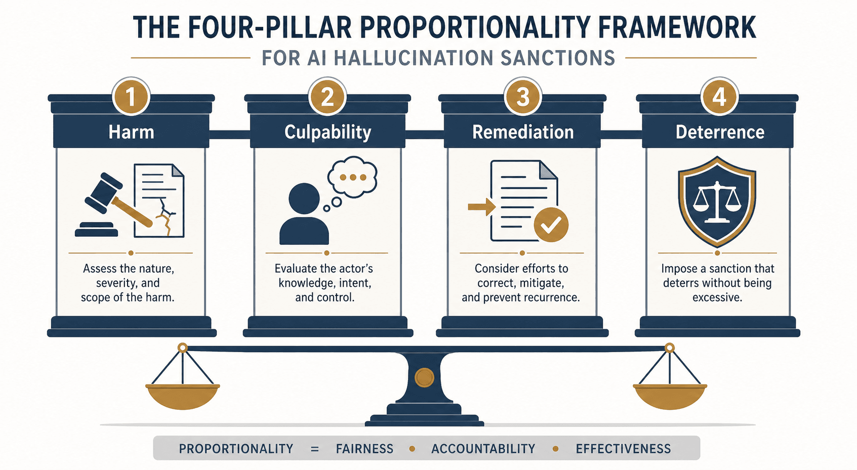 Four connected pillars of the proportionality framework for AI hallucination sanctions. Pillars labeled 'Harm' with gavel-and-document icon, 'Culpability' with person and thought bubble, 'Remediation' with correction icon, and 'Deterrence' with shield icon. A balanced scale sits below the four pillars.