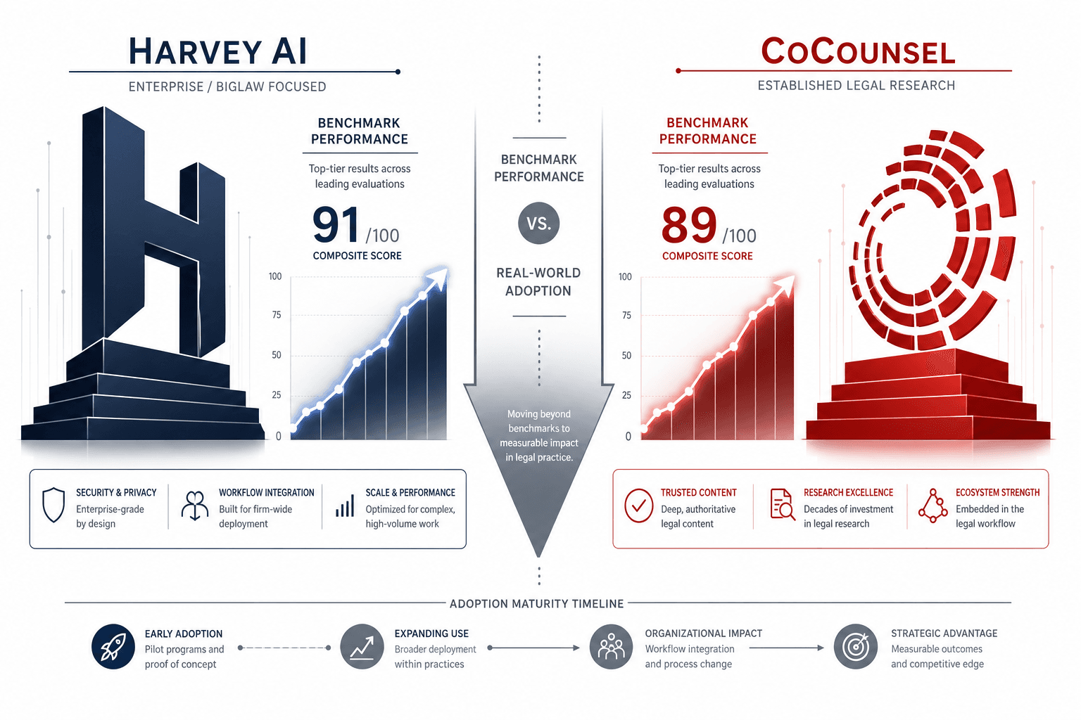 Split-panel editorial infographic showing Harvey AI on the left and CoCounsel on the right with a central divider highlighting the gap between benchmark performance and real-world adoption, plus a timeline at the bottom.
