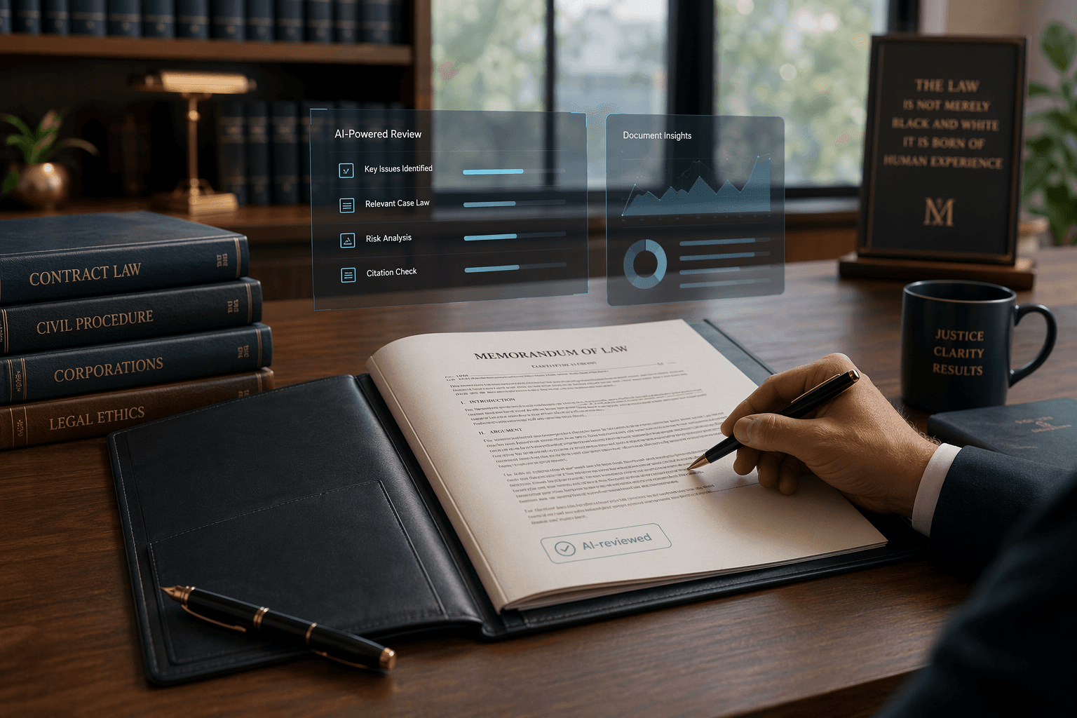 A modern law office workspace with warm wood tones, an open legal document on a desk with a fountain pen beside it, a lawyer's hand in a suit sleeve holding the pen, and a translucent blue digital overlay with subtle data lines floating above the desk, with a small 'AI-reviewed' badge on the document.