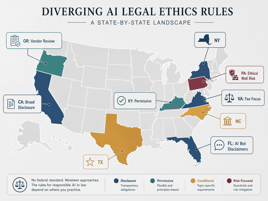Simplified outline map of the United States with highlighted states and floating label nodes indicating differing state AI ethics positions.