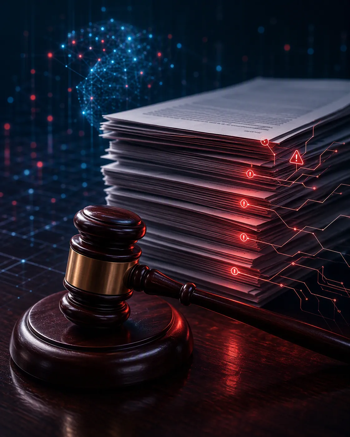 Gavel and legal documents with red warning markers over AI-processed citation lines