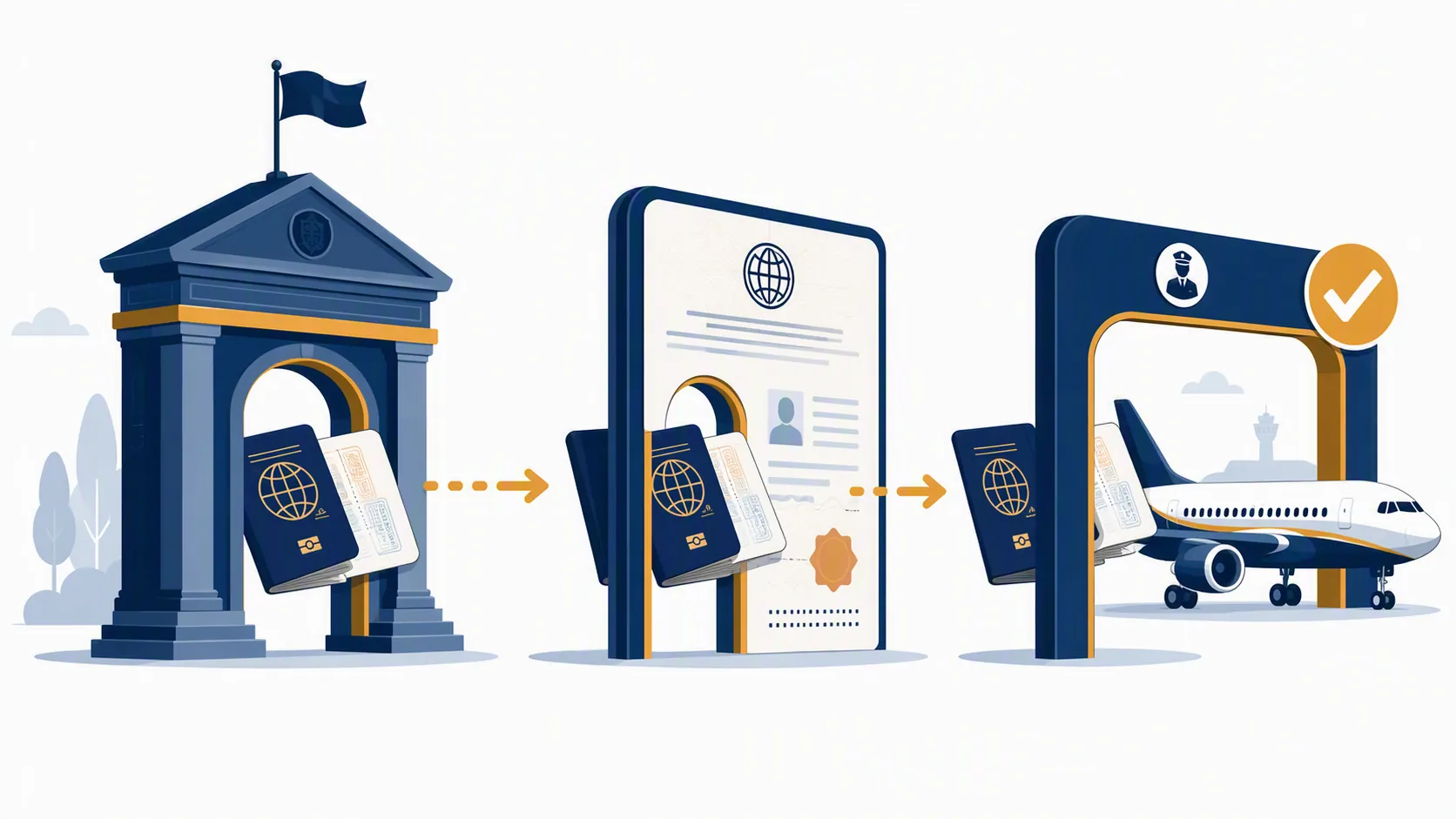 Passport moving through government, official document, and airline document-check verification gates