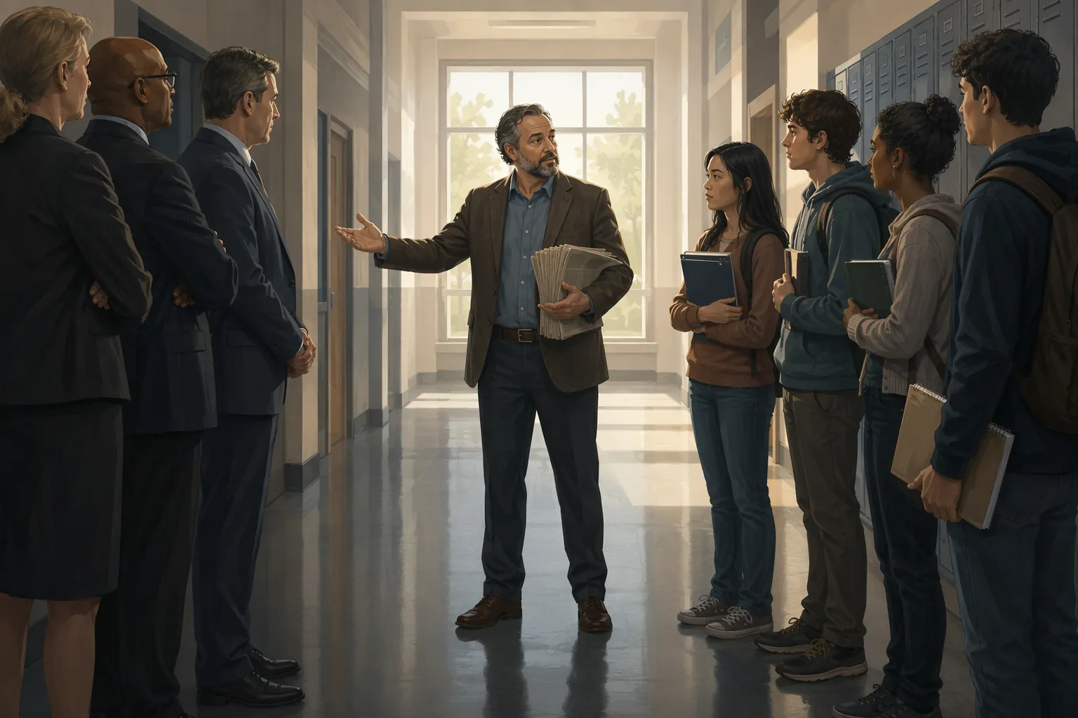 Advisor holding newspapers between school administrators and student journalists in a school hallway