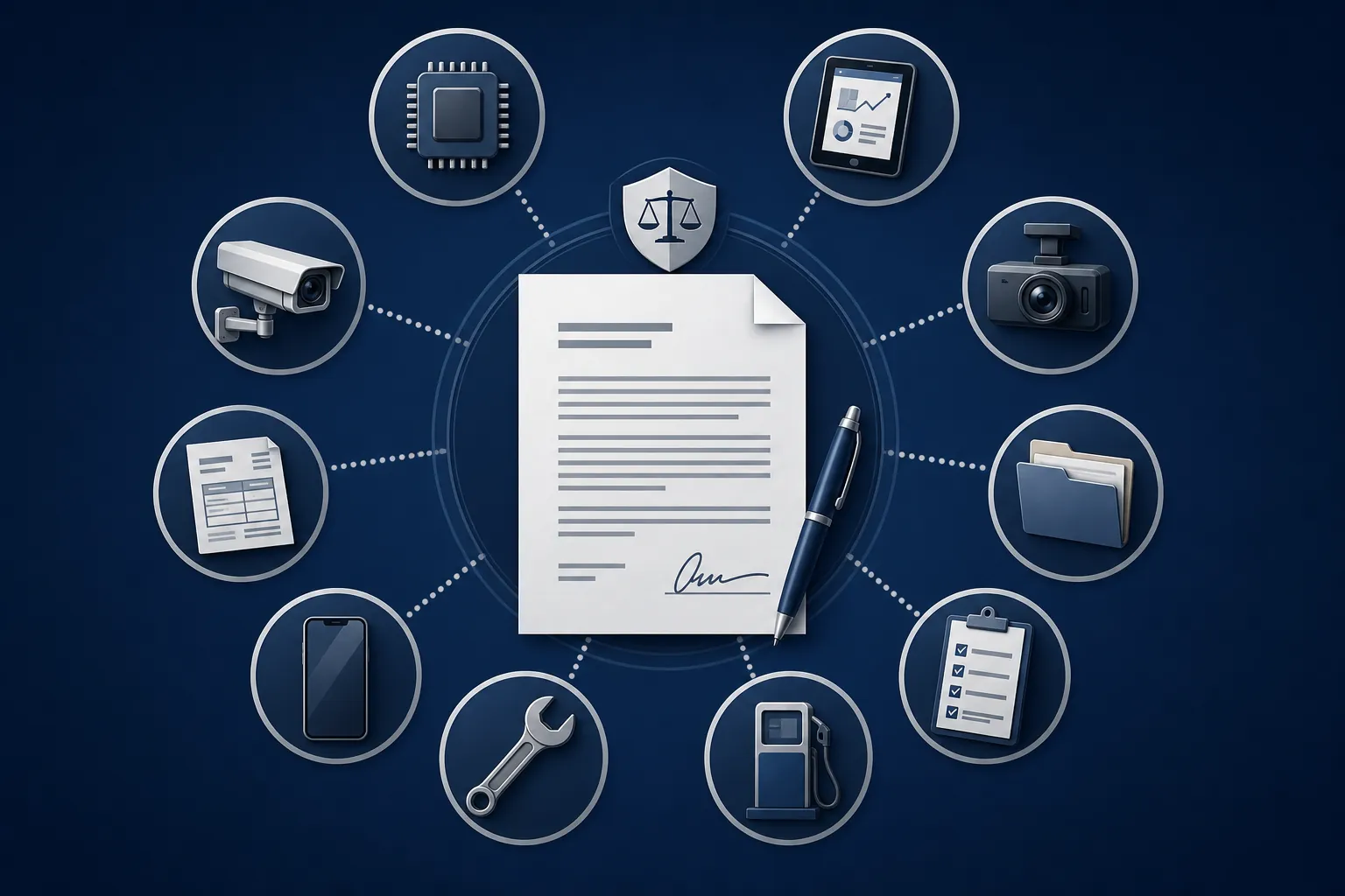 Illustration of a preservation letter surrounded by electronic, vehicle, driver, maintenance, dispatch, phone, fuel, shipping, and surveillance evidence icons