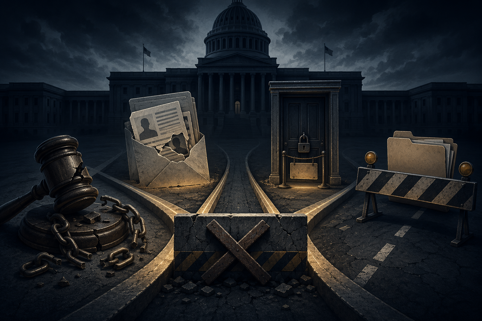 Editorial illustration of a shadowed federal building with a cracked gavel, exposed document, locked door, and blocked road