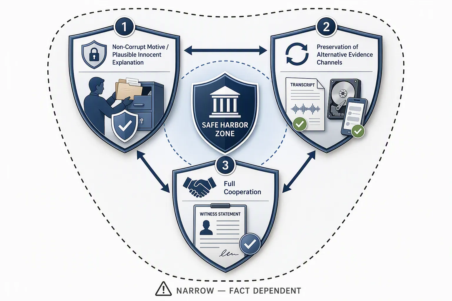 A three-part legal analysis diagram showing non-corrupt motive, alternative evidence, and full cooperation leading toward a narrow fact-dependent safe harbor