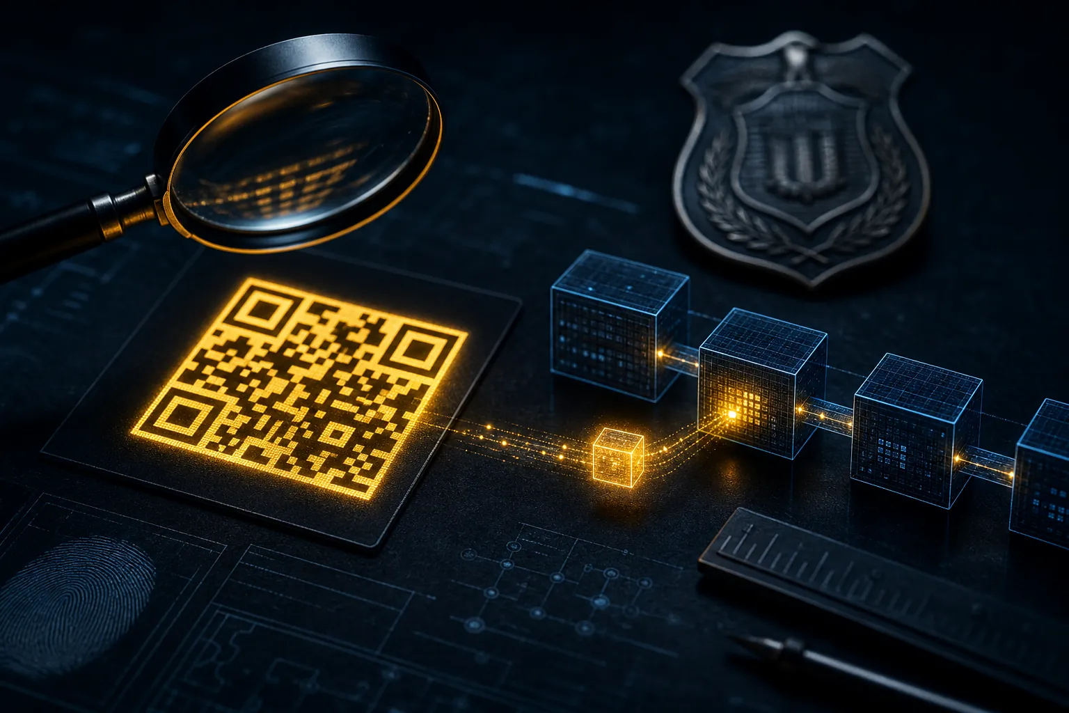 Digital forensics scene showing a Bitcoin address QR code, a small blockchain deposit, and a law enforcement badge silhouette