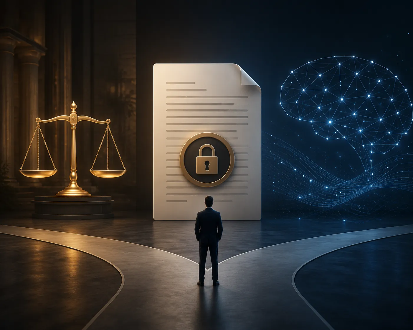 Balanced scale showing legal compliance and an AI neural network with a privacy-sealed document