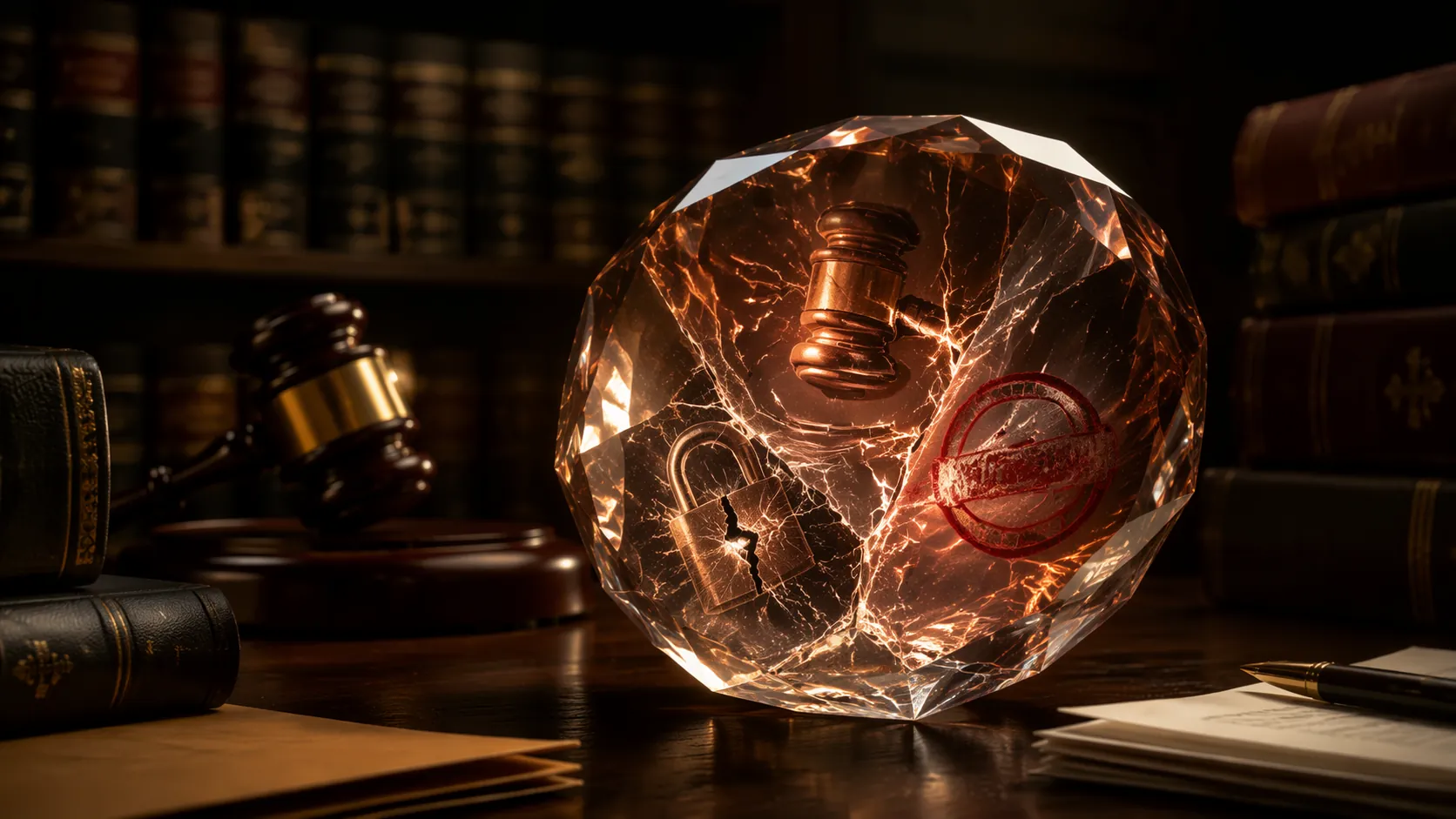 Cracked translucent gem on a law library desk with legal books, documents, a gavel, a padlock, and a sanction stamp visible inside
