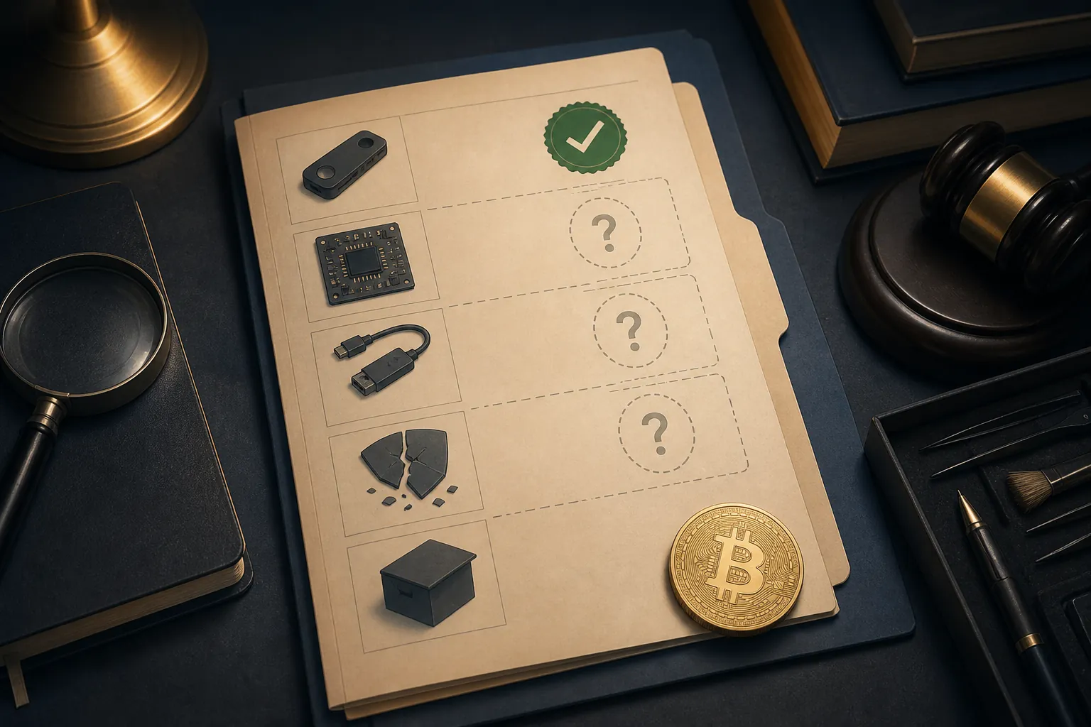 Legal case file with one confirmed row and several questioned rows beside a bitcoin coin