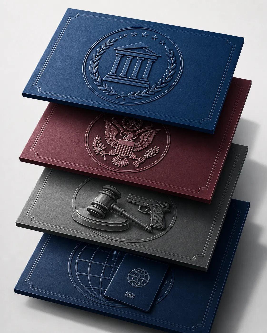 Four stacked legal document layers for state court, federal law, firearms, and immigration consequences