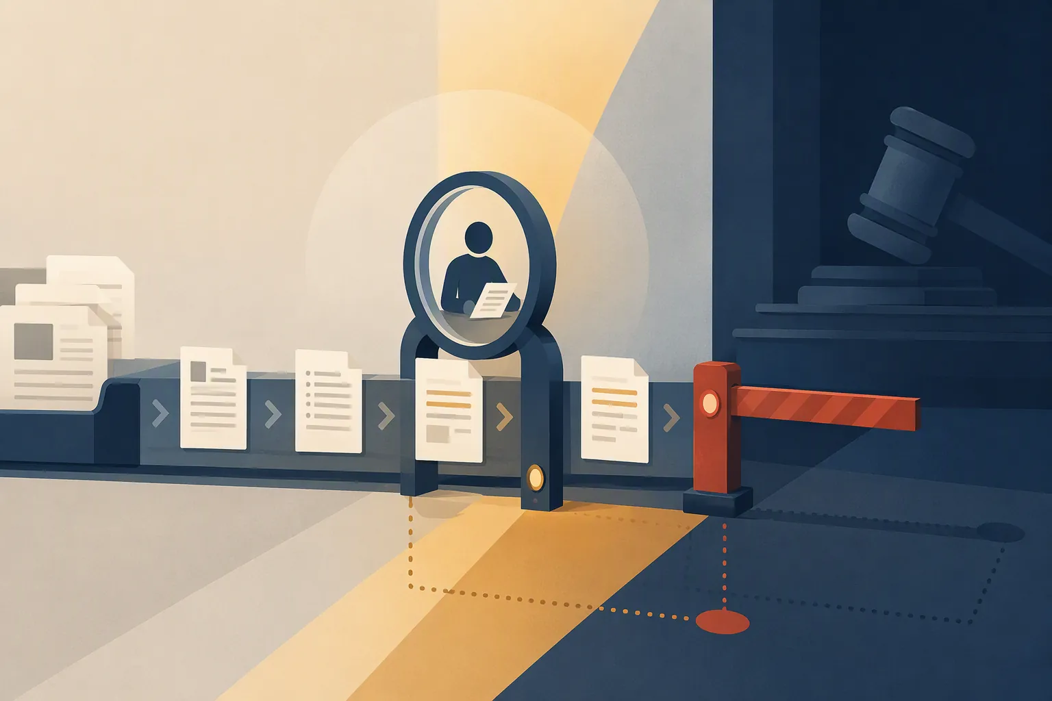 Legal document workflow passing through a magnifying-glass verification checkpoint before a court-bound stop barrier