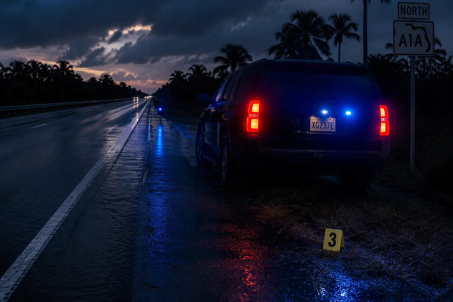 Dimly lit Florida highway at dusk with an unmarked SUV, blue lights, and an evidence cone