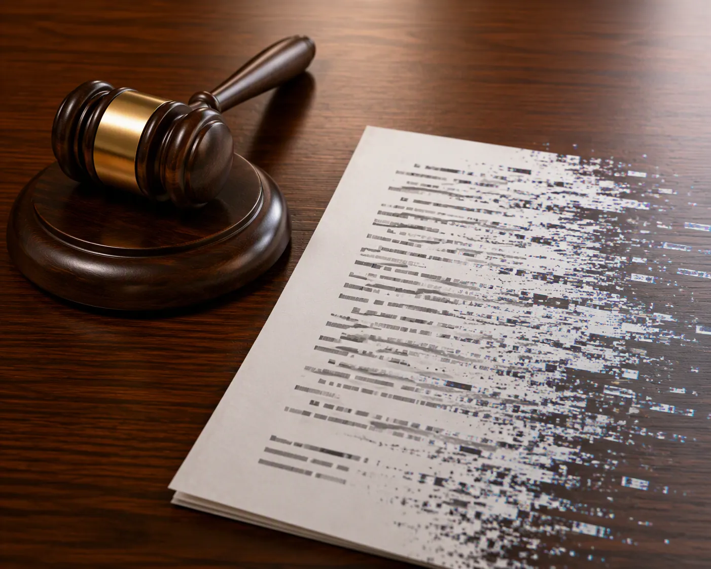 Judge's gavel beside a legal document with distorted text representing AI-hallucinated legal filing content