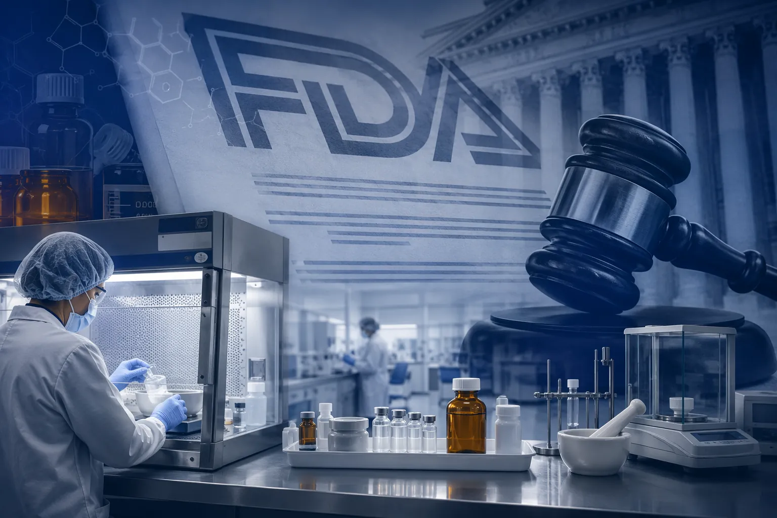 Sterile compounding workbench with FDA regulatory document overlay and legal gavel silhouette
