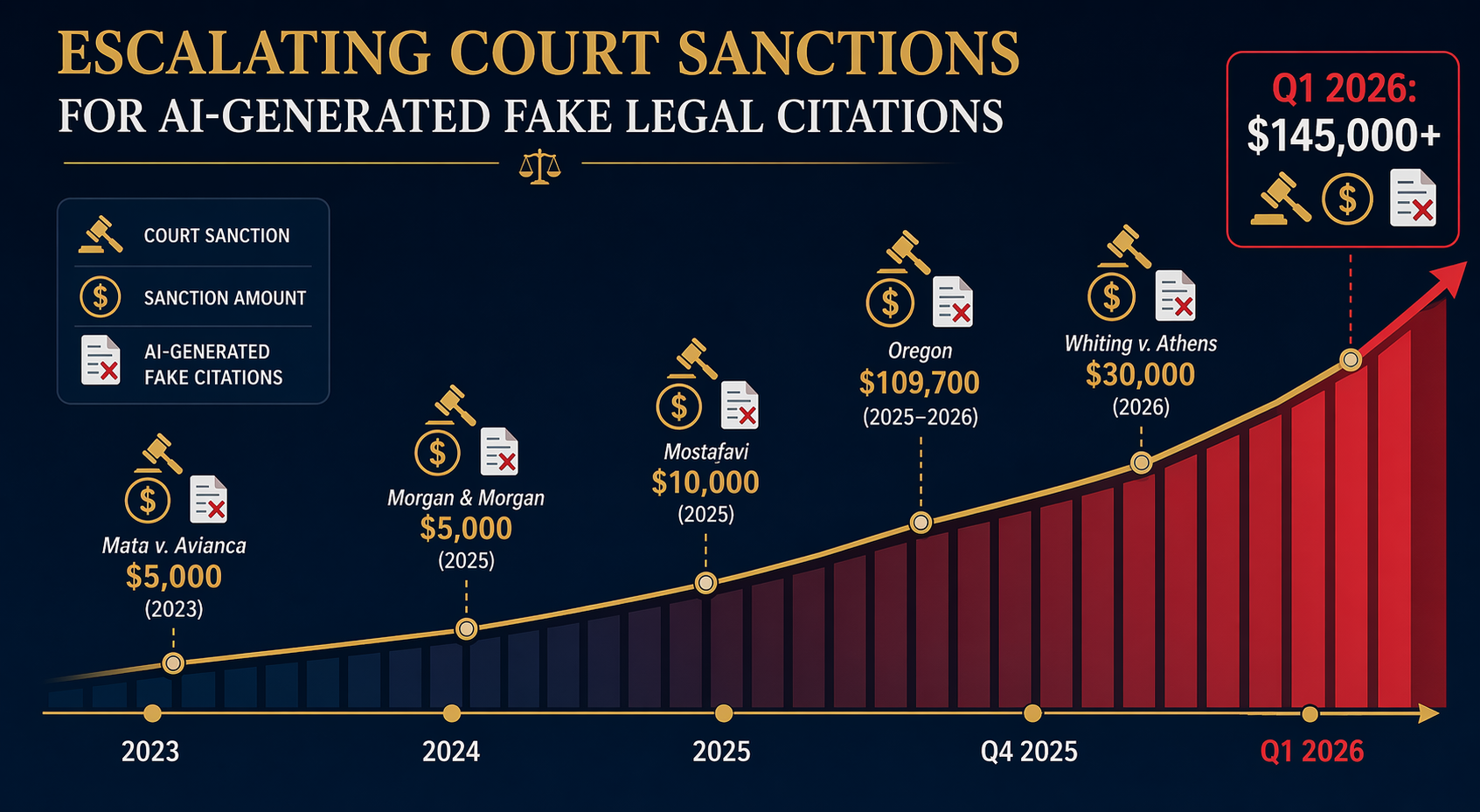 Timeline chart showing escalation of court sanctions for AI-generated fake citations from 2023 to 2026