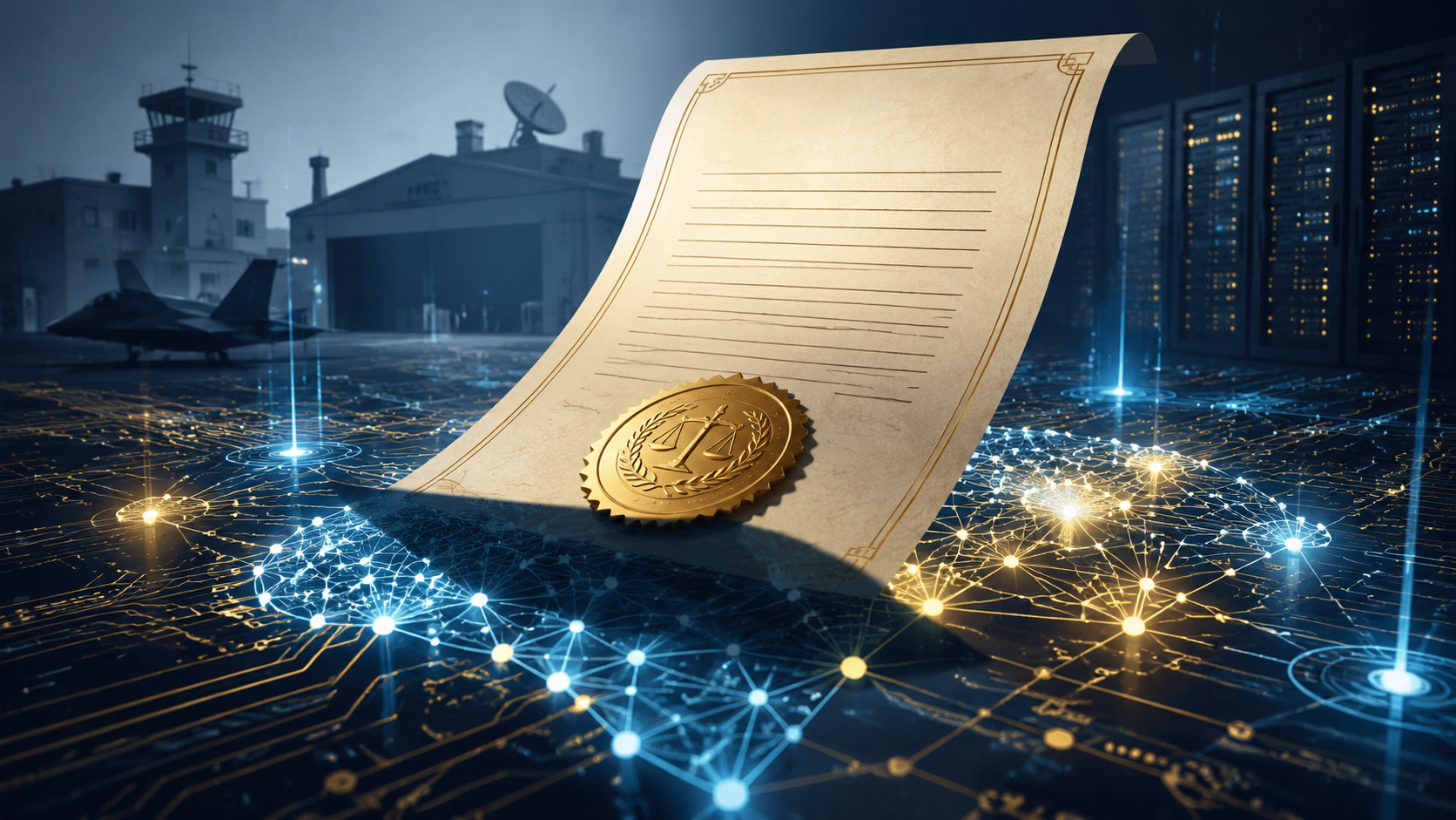 Legal document with an official seal over a digital neural network and defense contractor infrastructure
