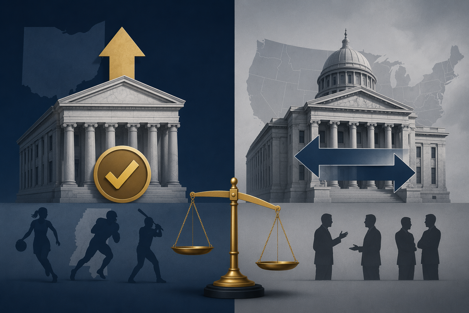 State and federal courthouse icons with a tilted balance scale representing divergent NCAA eligibility rulings