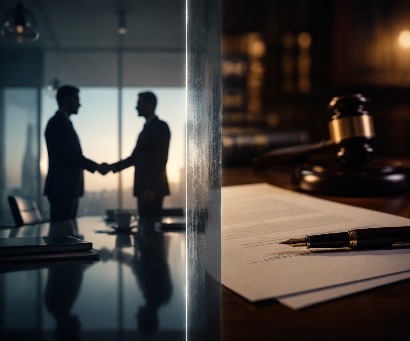 Silhouetted handshake contrasted with a signed contract and judicial gavel