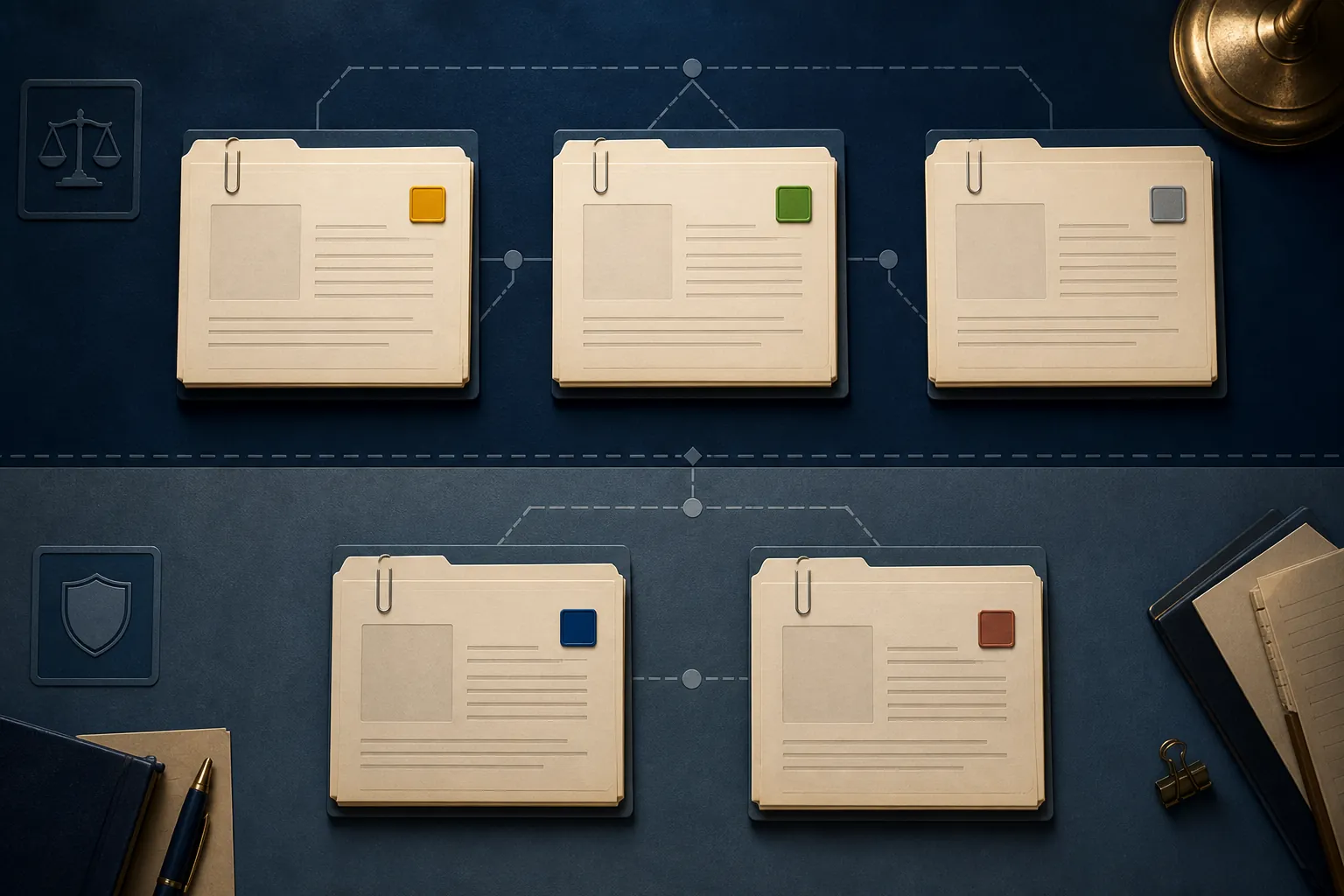Litigation map showing five separate docket file cards across two zones with different status markers