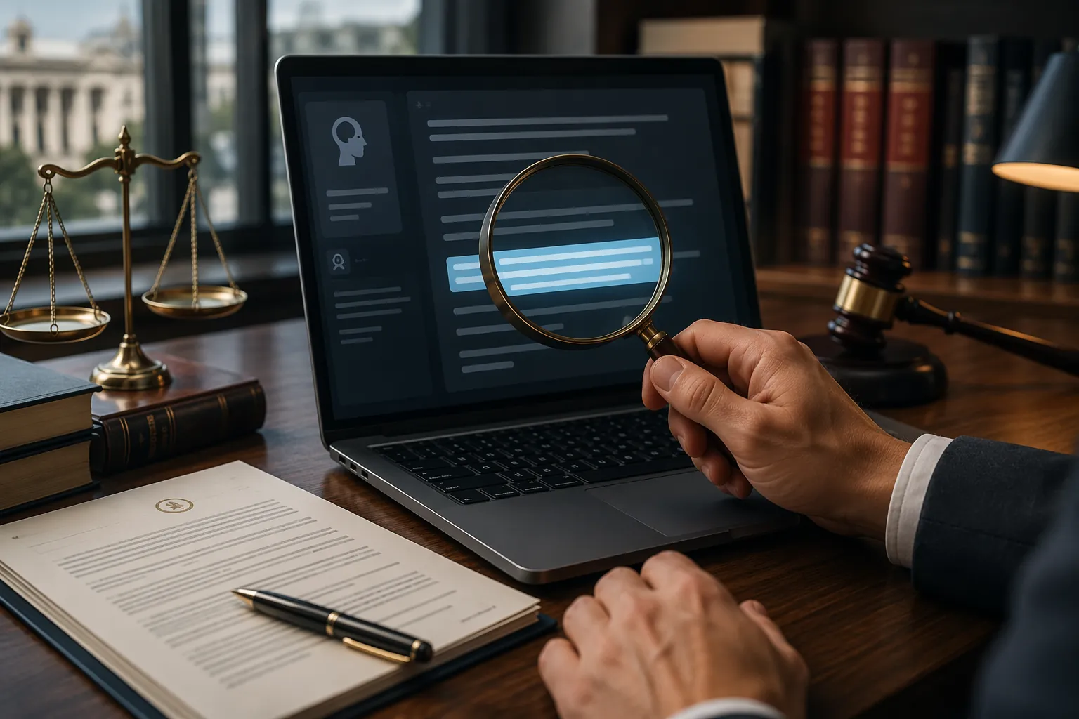 Lawyer reviewing an AI-generated citation on a laptop with a magnifying glass and legal documents nearby