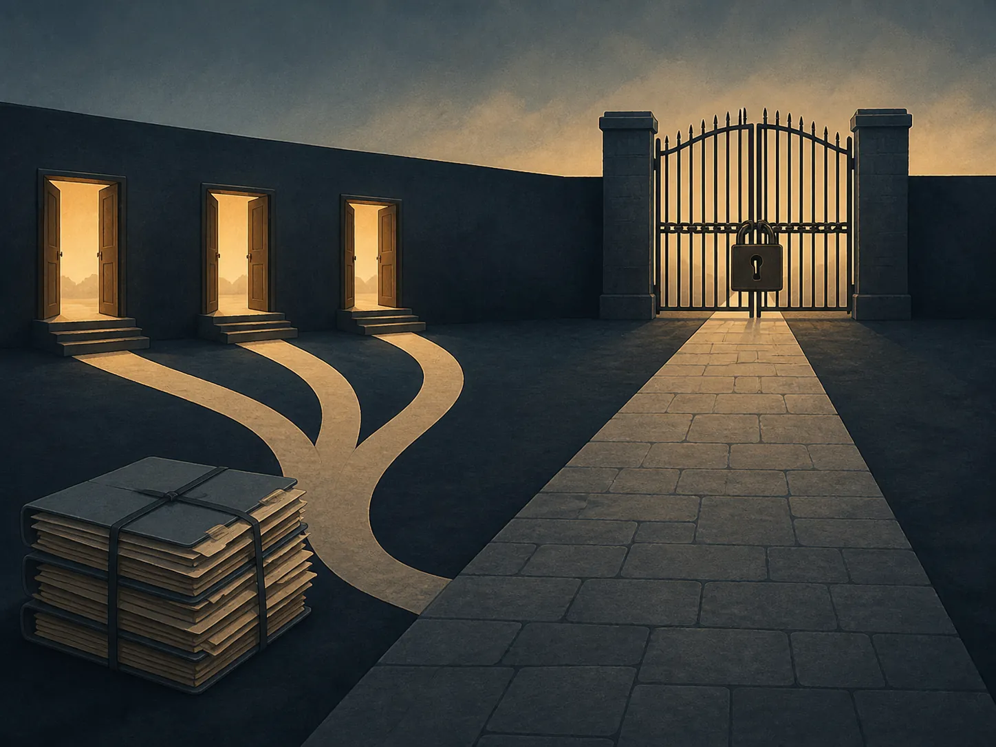 Illustration of legal case files leading toward a locked gate with smaller paths branching toward open doorways