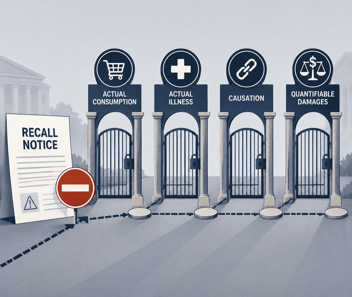 Four legal proof gates labelled actual consumption, actual illness, causation, and quantifiable damages blocking a recall notice